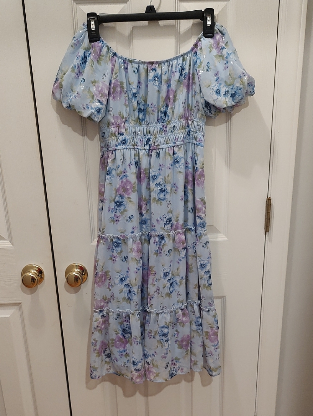 Three Hearts Light Blue Floral Puff-Sleeve Dress